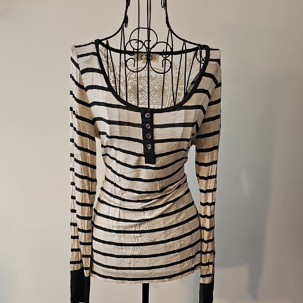 Pink Rose Black & Cream Striped Long-Sleeve Henley Top